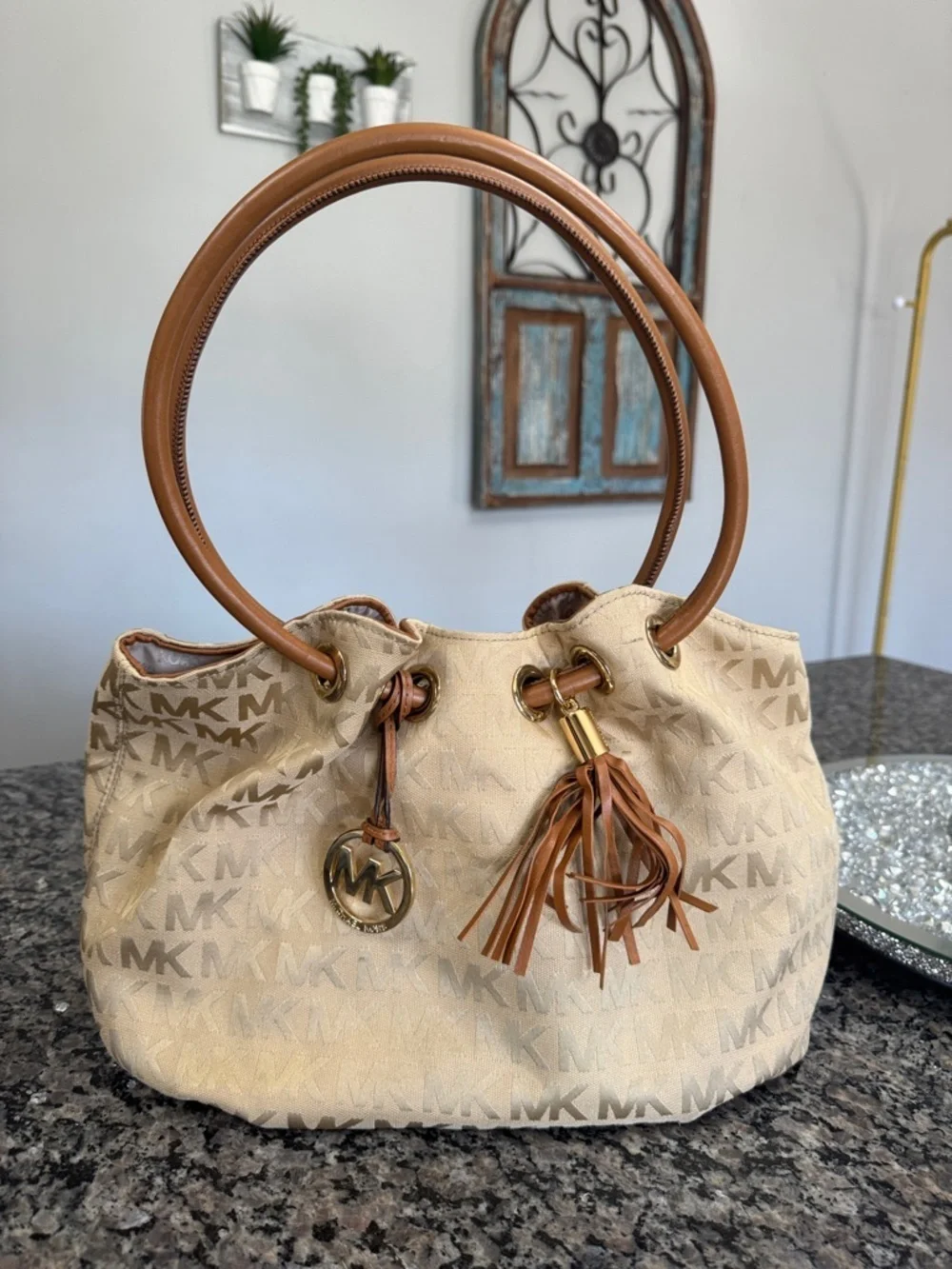 Michael Kors Beige MK Monogram Round handle Tote EUC